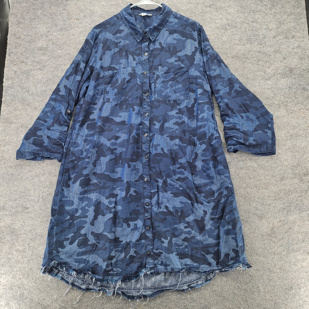 CATO Dress Womens 14/16 Button Up Roll Tab Sleeve Blue Camo